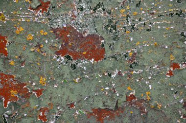 Kırmızı kahverengi benekli yeşil paslı eski püskü metal duvar - soyut arkaplan dokusu