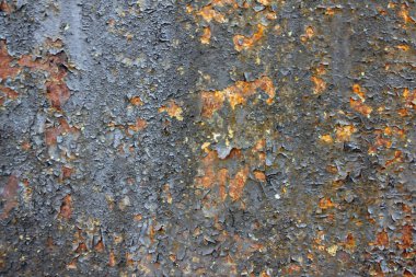 Gray old rusty shabby abandoned metal wall with yellow brown spots - abstract background texture of the loft