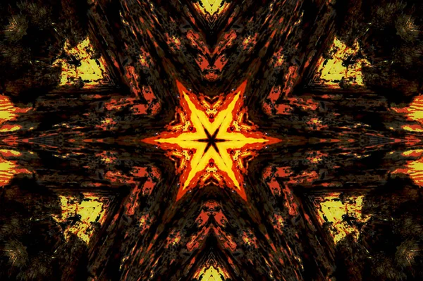 Волшебный Дизайн Желтой Звезды Чёрном Фоне Симметричный Узор Калейдоскопа — стоковое фото