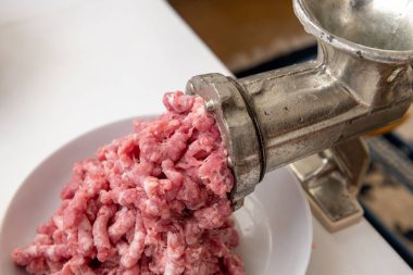 Evde kıyma makinesiyle domuz eti doğruyorum..