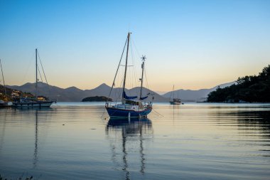 Sakin sularda yelken açan yatlar sabah ışığında yansıyor..