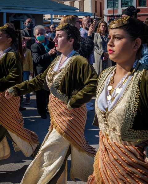 Lefkada Greece 2021 People Traditional Greek Costumes Marching Greek Oxi — Foto Stock