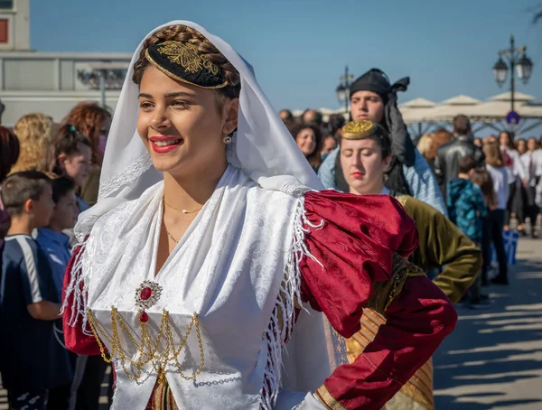 Lefkada Greece 2021 People Traditional Greek Costumes Marching Greek Oxi — Foto Stock