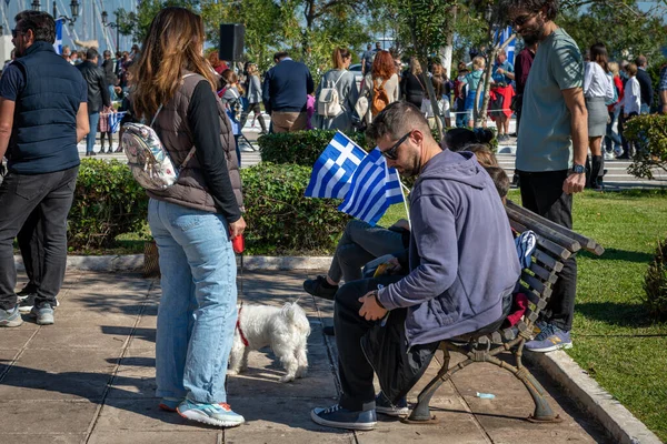 Lefkada Yunanistan 2021 Yunan Oxi Günü Kutlamasının Izleyicileri Geçit Töreninin — Stok fotoğraf