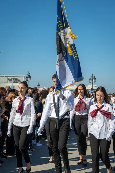 Lefkada Greece 2021 School Children Marching Greek Oxi Day Anniversary — Foto Stock