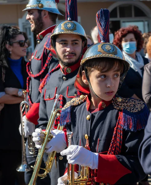 Lefkada Greece 2021 Portraits Members Military Marching Band Greek Oxi — Foto Stock