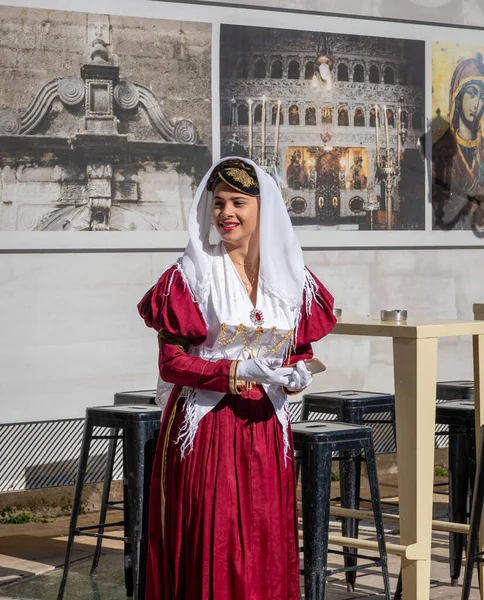 Lefkada Greece 2021 Woman Dressed Traditional Costume Greek Oxi Day — Foto Stock