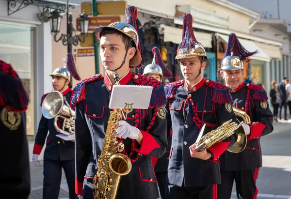 Lefkada Greece 2021 Portraits Members Military Marching Band Greek Oxi — Foto Stock