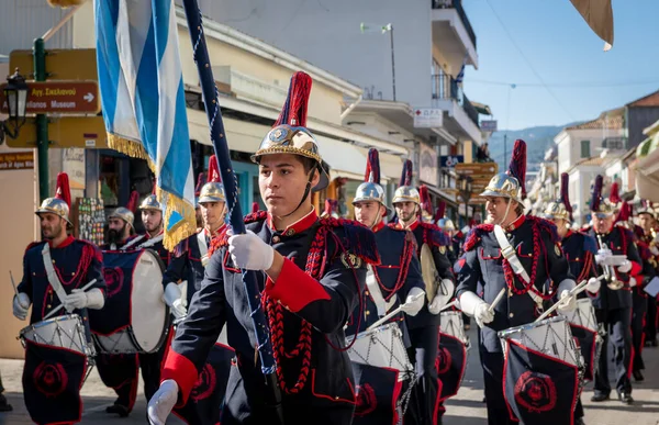 Lefkada Greece 2021 Portraits Members Military Marching Band Greek Oxi — Foto Stock