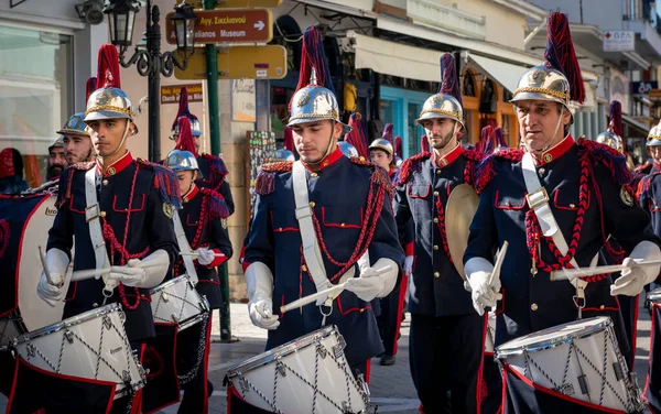 Lefkada Greece 2021 Portraits Members Military Marching Band Greek Oxi — Foto Stock