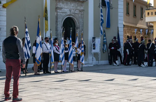 Lefkada Greece 2021 Greek Children Holding National Flag Church Service — Foto Stock