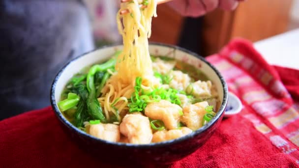 餃子と緑のおいしい麺スープから箸で麺を拾う — ストック動画