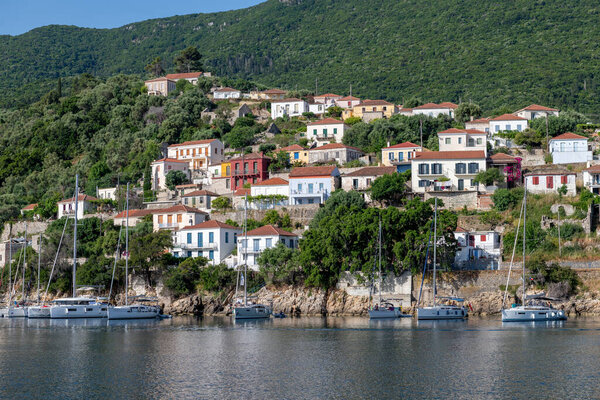 Ithaca Island, Greece-05.25.2022. A general view of the seafront of Kioni with its apartments restaurants and shops to cater for holiday makers.