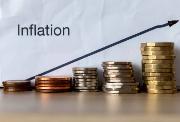 Rising Inflation Concept Drawn Upward Arrow Coins — Foto de Stock