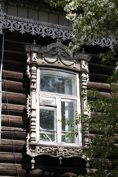 Janelas Madeira Vintage Arquitetura Madeira Rendada Tomsk — Fotografia de Stock