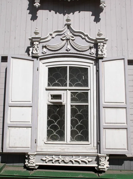 Janelas Madeira Vintage Arquitetura Madeira Rendada Tomsk — Fotografia de Stock