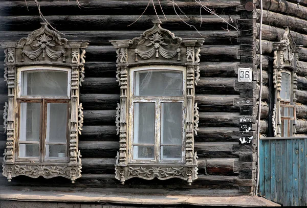 Fenêtres Bois Vintage Architecture Bois Dentelle Tomsk — Photo