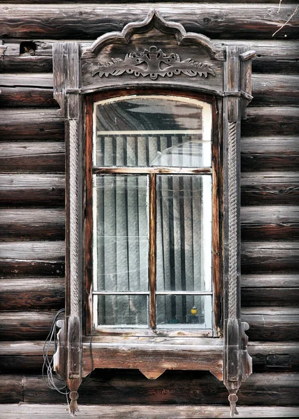 Fenêtres Bois Vintage Architecture Bois Dentelle Tomsk — Photo