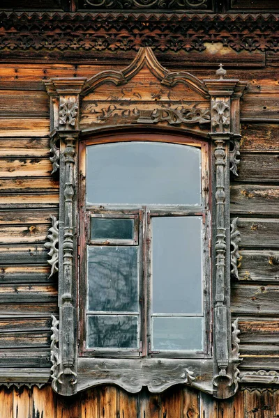 Fenêtres Bois Vintage Architecture Bois Dentelle Tomsk — Photo