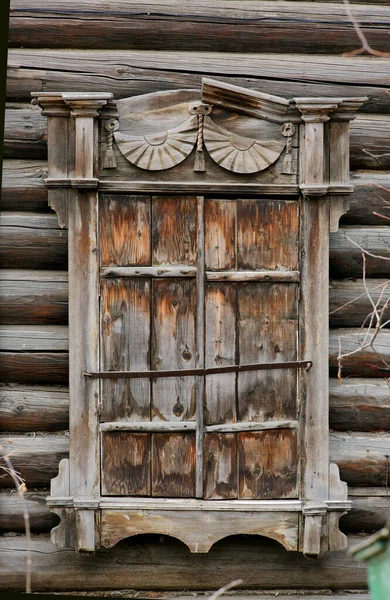 Vintage Wooden Windows Lacy Wooden Architecture Tomsk — Stock Photo, Image