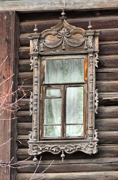 Fenêtres Bois Vintage Architecture Bois Dentelle Tomsk — Photo