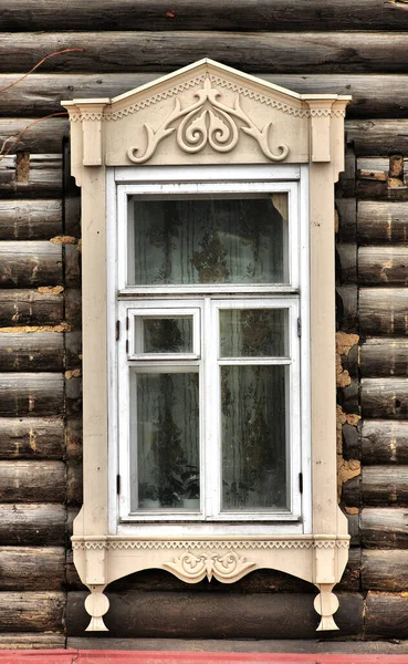 Janelas Madeira Vintage Arquitetura Madeira Rendada Tomsk — Fotografia de Stock