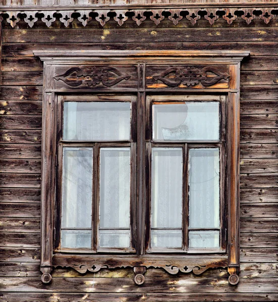 Vintage Wooden Windows Lacy Wooden Architecture Tomsk — Stock Photo, Image