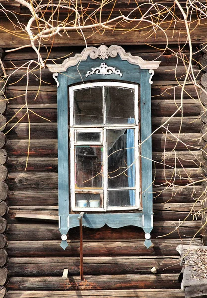 Vintage Wooden Windows Lacy Wooden Architecture Tomsk — Stock Photo, Image