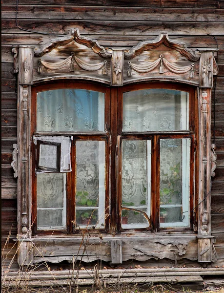 Fenêtres Bois Vintage Architecture Bois Dentelle Tomsk — Photo