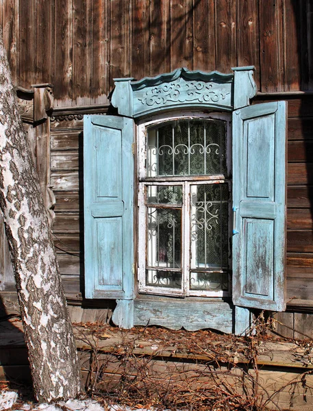 Janelas Madeira Vintage Arquitetura Madeira Rendada Tomsk — Fotografia de Stock