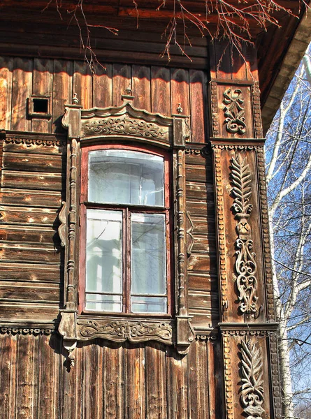 Fenêtres Bois Vintage Architecture Bois Dentelle Tomsk — Photo