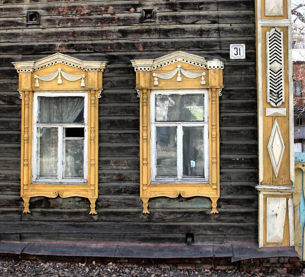 Janelas Madeira Vintage Arquitetura Madeira Rendada Tomsk — Fotografia de Stock