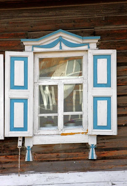 Janelas Madeira Vintage Arquitetura Madeira Rendada Tomsk — Fotografia de Stock