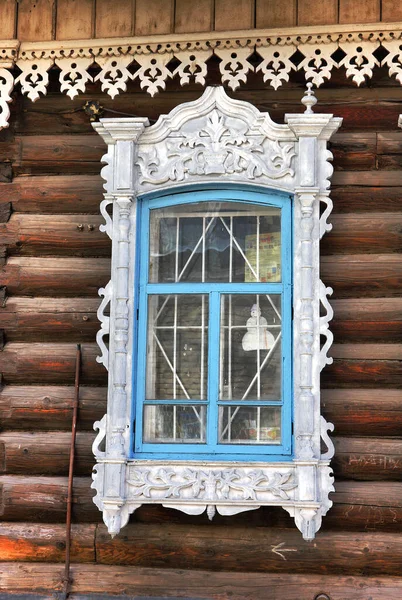 Vintage Holzfenster Spitze Holzarchitektur Von Tomsk — Stockfoto