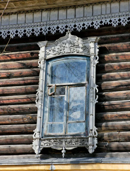 Vintage Finestre Legno Pizzo Architettura Legno Tomsk — Foto Stock