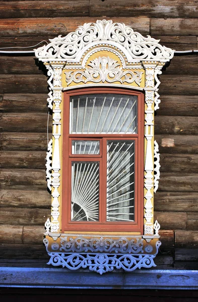 Vintage Wooden Windows Lacy Wooden Architecture Tomsk — Stock Photo, Image