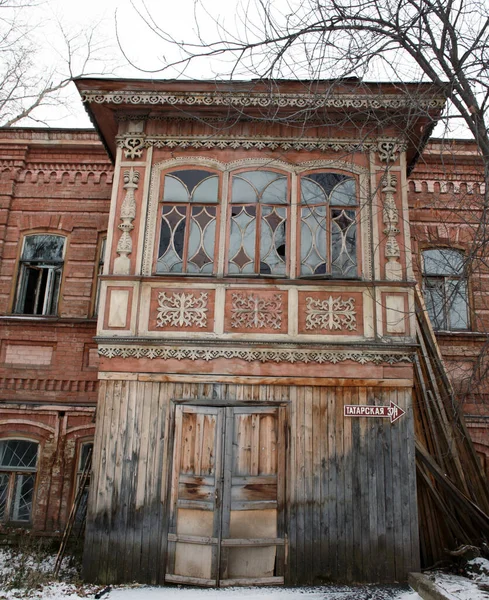 Zabytkowe Drewniane Okna Koronkowa Drewniana Architektura Tomska — Zdjęcie stockowe