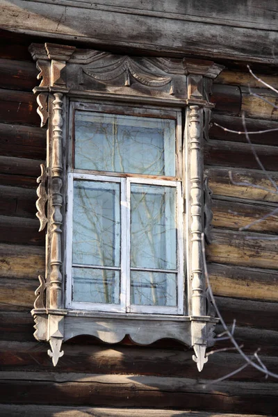 Fenêtres Bois Vintage Architecture Bois Dentelle Tomsk — Photo