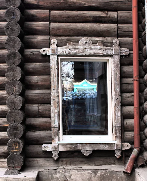 Fenêtres Bois Vintage Architecture Bois Dentelle Tomsk — Photo