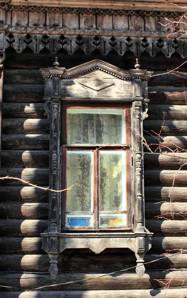 Vintage Trä Fönster Spets Trä Arkitektur Tomsk — Stockfoto