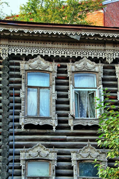 Fenêtres Bois Vintage Architecture Bois Dentelle Tomsk — Photo