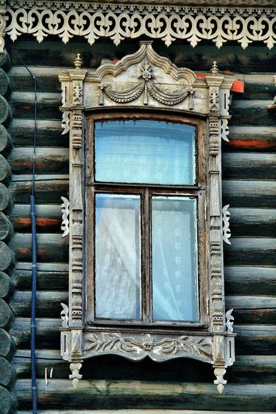 Fenêtres Bois Vintage Architecture Bois Dentelle Tomsk — Photo