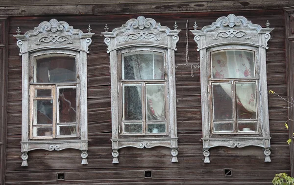 Vintage Ablakok Csipke Építészet Tomsk — Stock Fotó