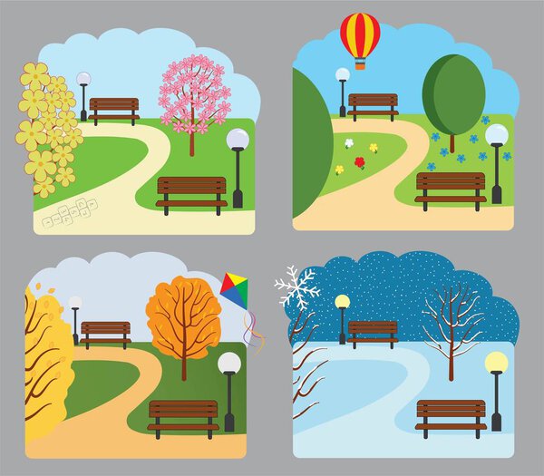 City Park set sf all seasons with trees, benches and lamps, vector flat illustration.