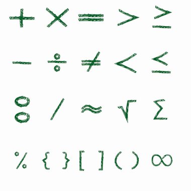 Matematiksel çeşitli semboller, artı, eksi, parantezler yeşil. Vektör elle çizilmiş matematik sembolleri.