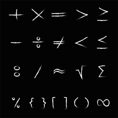 Matematiksel çeşitli semboller, artı, eksi, siyah beyaz parantezler. Vektör elle çizilmiş matematik sembolleri.