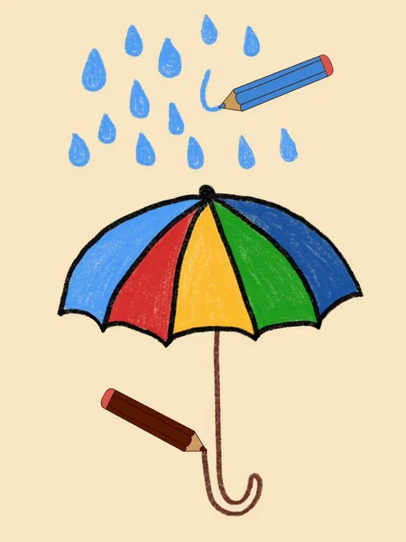 Paraplu Regendruppels Gemaakt Door Krijtjes Digitaal Met Hand Getekend Schilderij — Stockfoto
