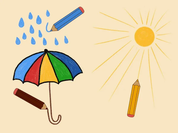 Come rain or shine. Digital hand-drawn painting of crayons creating colorful themes of sun and rain.