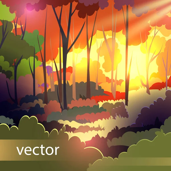 Осенний пейзаж трава кустарники векторная иллюстрация Солнечный свет лучи природного фона — стоковый вектор