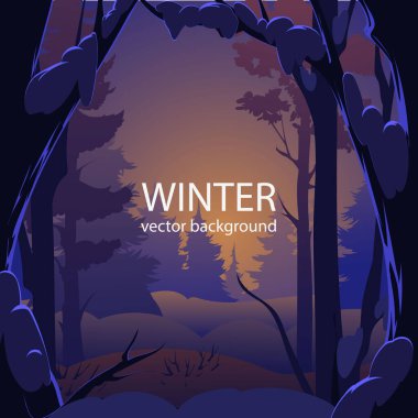 Kış vektörü arka planı. Kışın akşamları orman. Ağaçlarda kar.